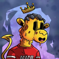 A cartoon giraffe wearing a crown and a red 'MMB' t-shirt with melting features against a purple background.