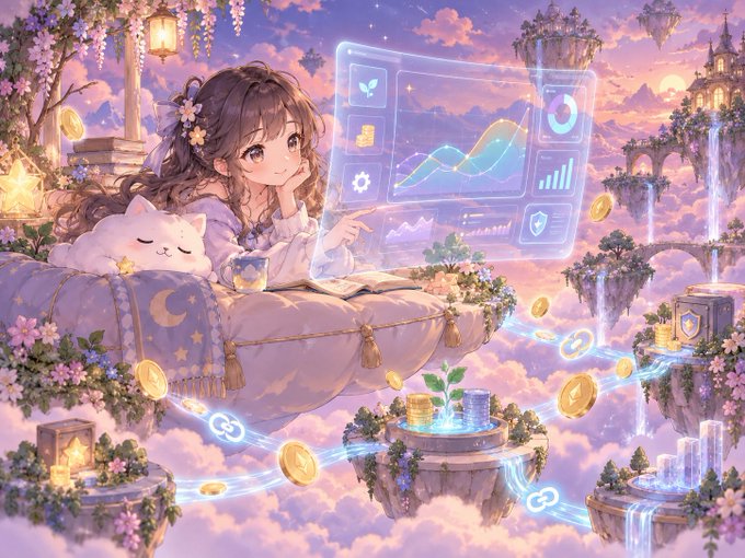 An anime-style illustration of a girl with brown hair sitting on a floating cloud island with a white cat, using a holographic digital interface, surrounded by floating coins and fantastical floating castle islands in a pink sky.