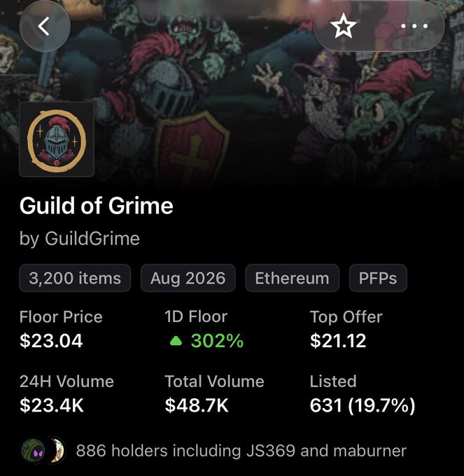 An NFT collection page for "Guild of Grime" by GuildGrime on Ethereum, showing a floor price of $23.04, 3,200 items, and 886 holders including JS369 and maburner.