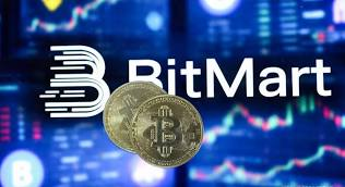 The image displays the BitMart logo and text alongside two gold cryptocurrency coins, set against a blurred background of a financial trading chart.