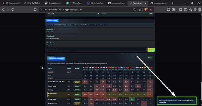 The image shows a computer screen displaying an interface of a web browser, with several tabs open, including one that has a green "Payment" button. The main focus of the image appears to be related to a smart contract payment system, possibly for a soccer competition or tournament. The text in the post mentions the "#automatical payout via smart contract seems to work for @Vrom14286662 WM-Tipp- Spiel! I hope it can go live tomorrow so that you have one week left to enter the game (10 testnet IOTA). A fun competition for the #iota community during the soccer world cup!".