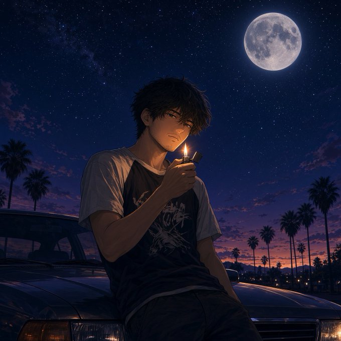 An anime-style illustration depicts a young man sitting on a car hood at night, holding a lighter, with a full moon and starry sky in the background.