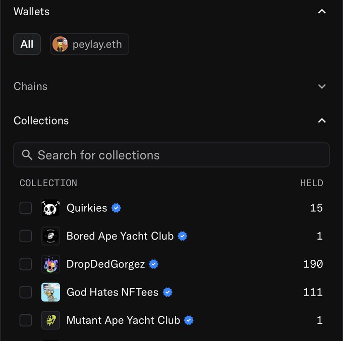 A digital wallet dashboard displays Peylay's NFT collections, showing he holds 15 Quirkies (marked with a blue verification badge), 1 Bored Ape Yacht Club, 190 DropDedGorgez, 111 God Hates NFTees, and 1 Mutant Ape Yacht Club. The image supports the post by confirming Peylay's status as a Quirkies whale with his #15 OG NFT.