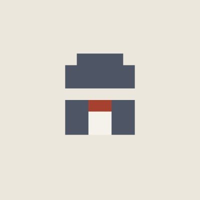 A pixel art image showing a simple character made of blue-gray blocks with a small red rectangle in the middle, resembling a basic robotic or blocky figure on a cream background.