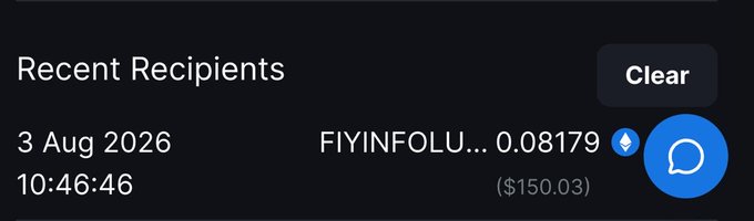 The image shows a "Recent Recipients" notification displaying a transaction on 3 Aug 2026 at 10:46:46, where FIYINFOLU... received 0.08179 ETH (valued at $150.03), confirming @KoyaFiyinfoluwa's prize win announced in the accompanying post.