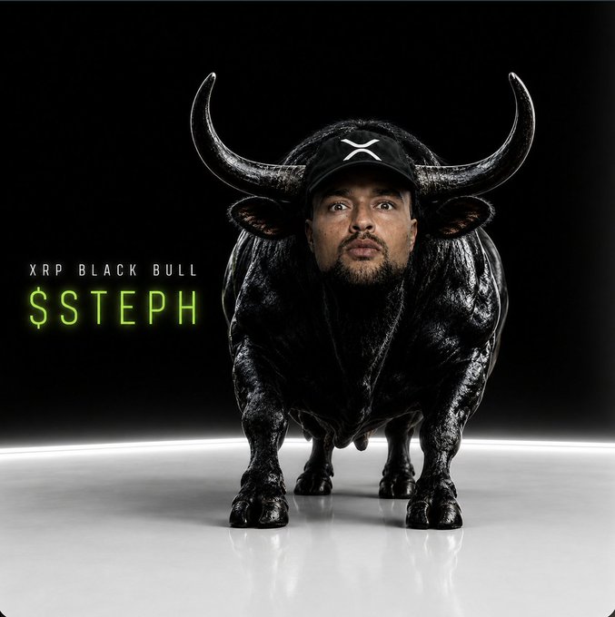 The image features a bull with a person's face, wearing a cap with an "X" logo, and is labeled "XRP BLACK BULL" and "$STEPH." This visual represents the crypto token $STEPH, associated with XRP, and conveys a bullish sentiment.
