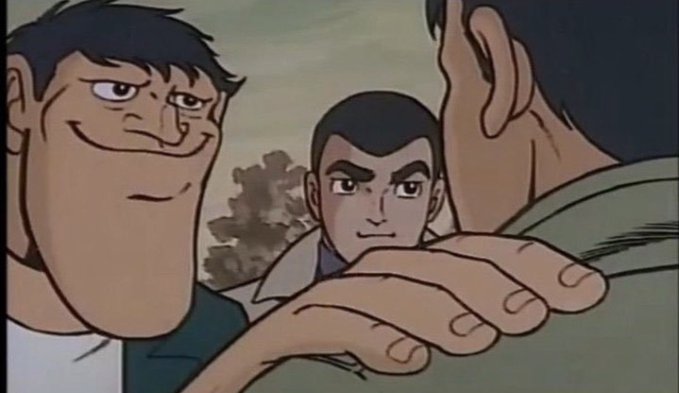 An animated scene shows three male characters, with one smiling in the foreground and another looking serious in the background as a hand rests on a shoulder.