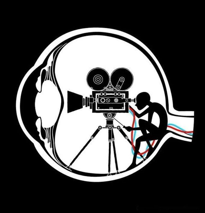 A black and white illustration showing a silhouette of a person operating a vintage film camera inside the outline of a human head.