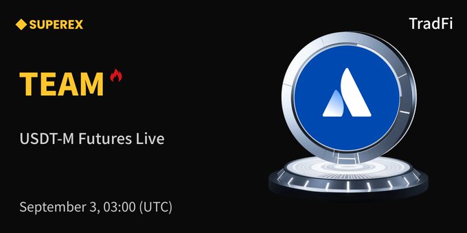 A promotional banner for SuperEx featuring 'TEAM USDT-M Futures Live' on September 3, 03:00 (UTC), alongside a 3D rendering of the AAVE cryptocurrency coin and 'TradFi' text.