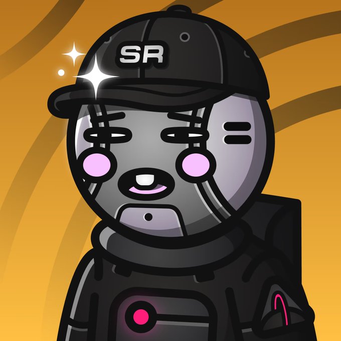 A cartoon mascot character with a gray robotic face, pink cheeks, wearing a black cap with 'SR' logo and black clothing, set against an orange swirled background.