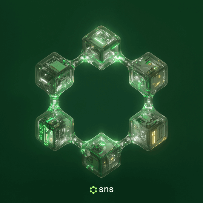 A dark green promotional image featuring a hexagonal arrangement of glowing transparent cubes with the 'sns' logo at the bottom, likely related to the Internet Computer's SNS governance.