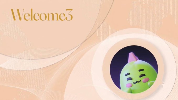 A peach-colored graphic with 'Welcome3' written in gold text in the upper left, featuring a green cartoon cat character with pink ears and cheeks peeking through a circular portal on the right.