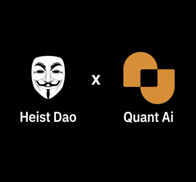 The image shows a collaboration announcement featuring the Heist Dao logo (a Guy Fawkes mask) on the left and the Quant Ai logo (an orange interlocking design) on the right, separated by an "x" symbol on a black background, representing the partnership mentioned in the post for Discord member spots.