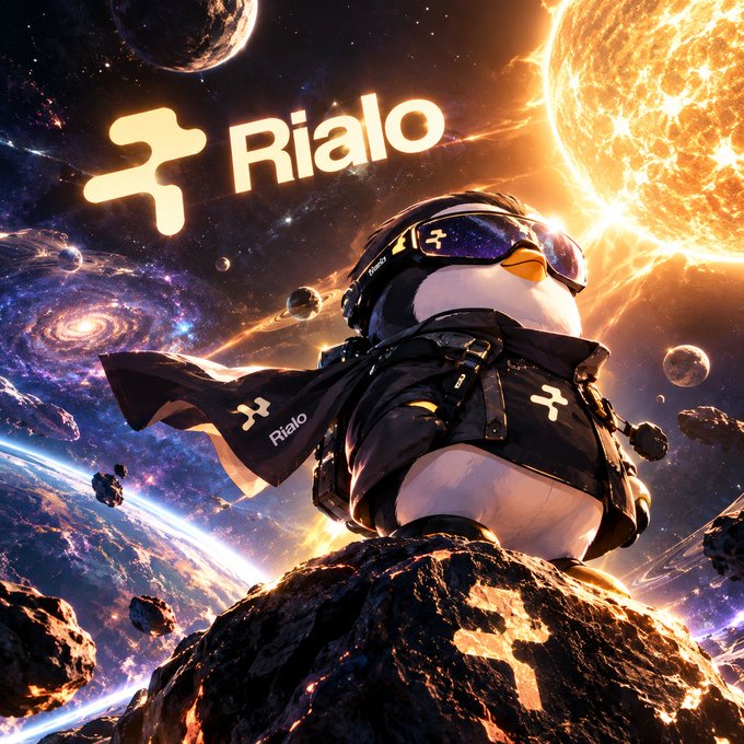 A promotional graphic featuring the Rialo brand mascot—a penguin wearing futuristic black gear and sunglasses—posed against a cosmic background with a glowing sun and planets, alongside the Rialo logo.