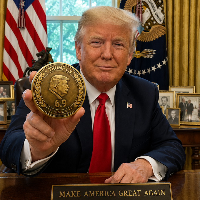 An AI-generated/edited image of Donald Trump sitting at the Resolute Desk in the Oval Office, holding up a large gold "TRUMP 6.9" commemorative coin, with a "MAKE AMERICA GREAT AGAIN" plaque on the desk.