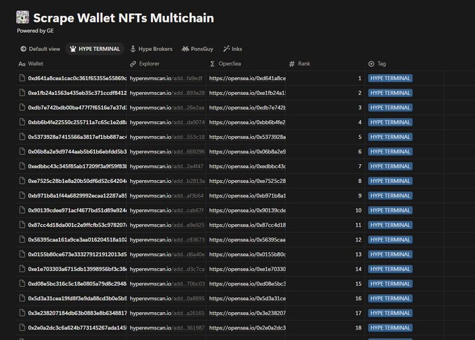 The image displays a Notion page titled "Scrape Wallet NFTs Multichain" (powered by GE), featuring a ranked table of wallet addresses tagged "HYPE TERMINAL" with columns for wallet address, explorer links to hyperevmscan.io, OpenSea URLs, and rank numbers 1-18. The post context explains this tracks multi-chain NFT scraping data from sources like Hype Terminal, Hype Brokers, PonziGuy, and Ink, focused on identifying wallets to monitor for potential profits from cheap mints.