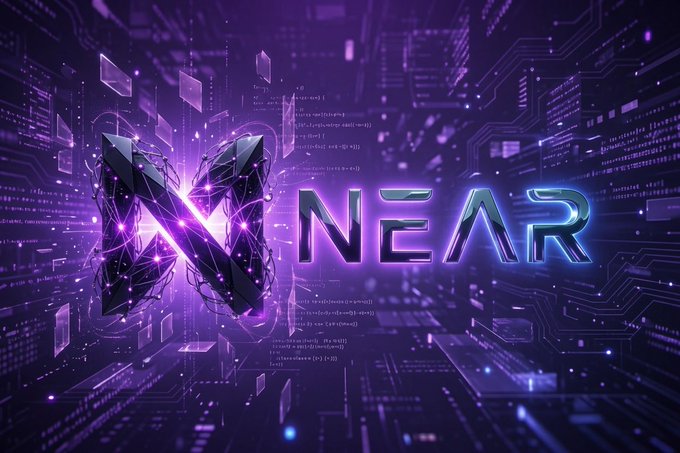 A stylized, futuristic digital graphic featuring the "NEAR" logo rendered in glowing purple and cyan against a backdrop of circuit-like patterns and floating code snippets, visually reinforcing the post's message of $NEAR Protocol as a technically robust Layer 1 blockchain quietly powering scalable, user-friendly crypto infrastructure.