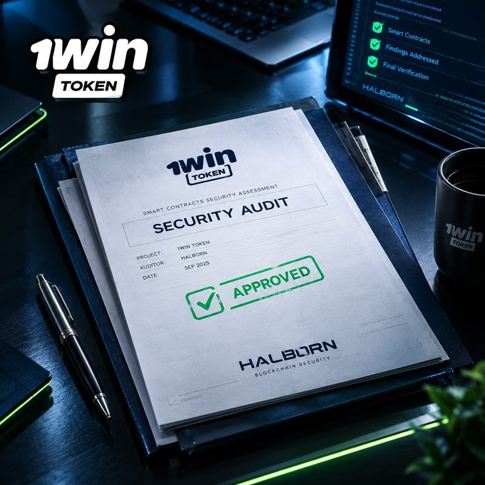 A printed "Security Audit" report from Halborn Blockchain Security for the 1WIN Token, dated September 2025, displays a green "APPROVED" stamp, visually confirming the post's announcement that the token successfully completed its first security audit with 100% of findings addressed. A monitor in the background shows checklist items including "Smart Contracts," "Findings Addressed," and "Final Verification" marked as complete.