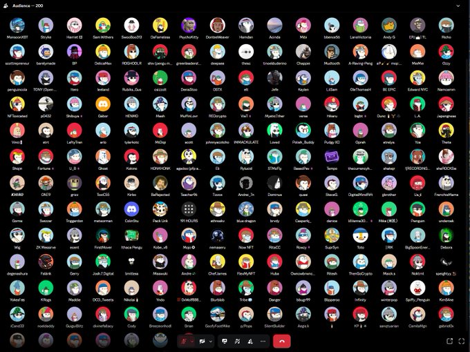 A Discord server interface showing an "Audience" voice channel with approximately 200 participants, each represented by a circular profile picture or avatar.