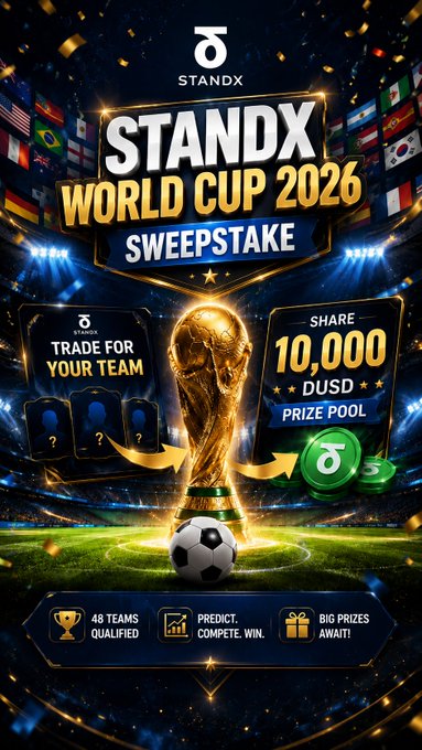 The image features a promotional poster for the Standx World Cup 2016 Sweepstakes. The central focus of the poster is a large soccer trophy, indicating the nature of the sweepstakes. The title "Standx World Cup 2016 Sweepstakes" and the text "Trade for Your Team, Compete for a Share of the 10,000 dusd Prize Pool." show that this event involves leveraging team loyalty to trade for an opportunity in the market. The poster also includes other elements such as logos, text, and design aspects related to the world cup contest or sweepstakes.