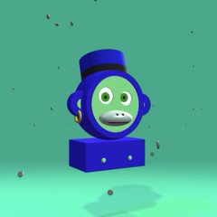 A 3D rendered blue character with a green face wearing a top hat, emerging from a blue box with small particles floating around it against a teal background.
