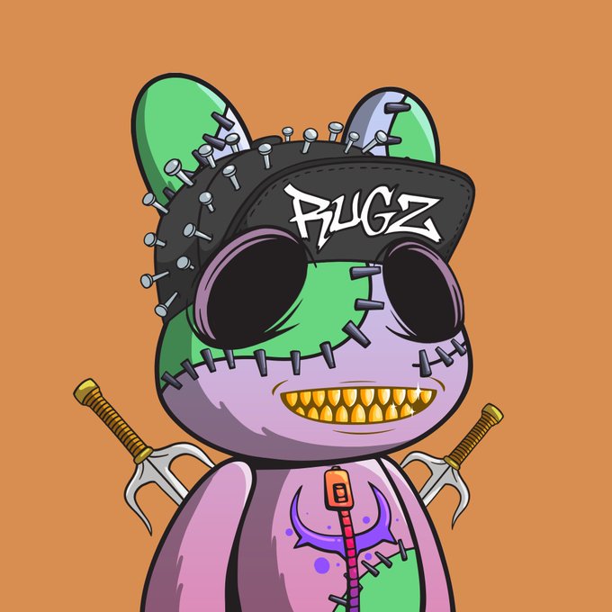 A cartoon illustration of a green and purple bunny-like character with stitches, a spiked black cap reading "RUGZ," and golden teeth against an orange background.