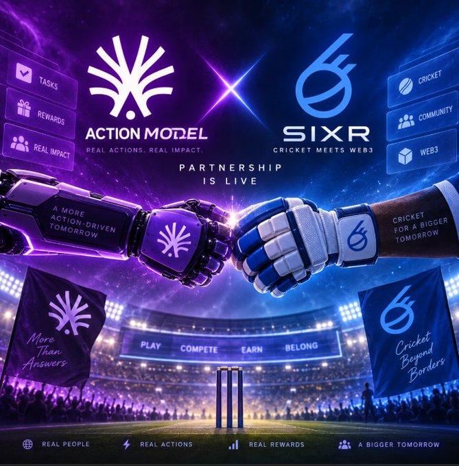 A promotional graphic announces a partnership between 'ACTION MODEL' and 'SIXR', featuring two boxing gloves bumping against a stadium background with text like 'Cricket Meets Web3' and 'Play Compete Earn Belong.'
