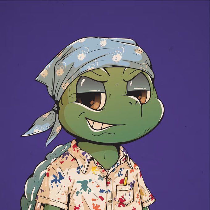 A cartoon illustration of a green turtle character wearing a blue bandana and a paint-splattered shirt, holding a pencil, set against a dark purple background.
