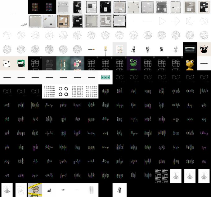 A digital art texture pack or asset collection featuring various pixelated icons, characters, soundwaves, and technological patterns on a black background.
