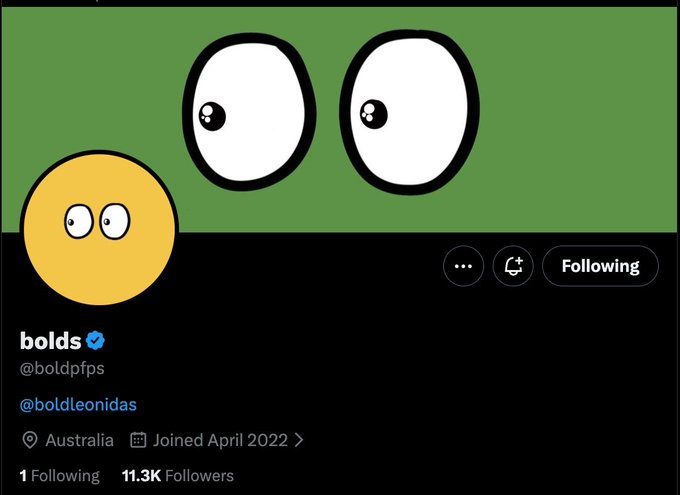 A Twitter/X profile for 'bolds' (@boldpfps) with 11.3K Followers based in Australia, featuring a yellow smiley face avatar and a banner with cartoon eyes.