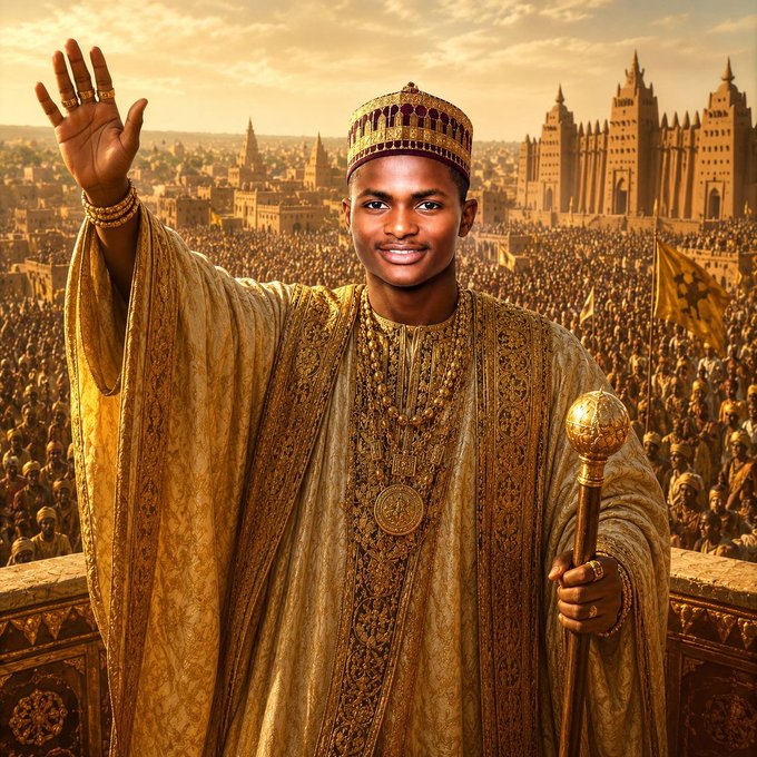 A regal African king wearing golden robes and a crown waves to a massive crowd gathered before an ancient cityscape, holding a golden scepter in his other hand.