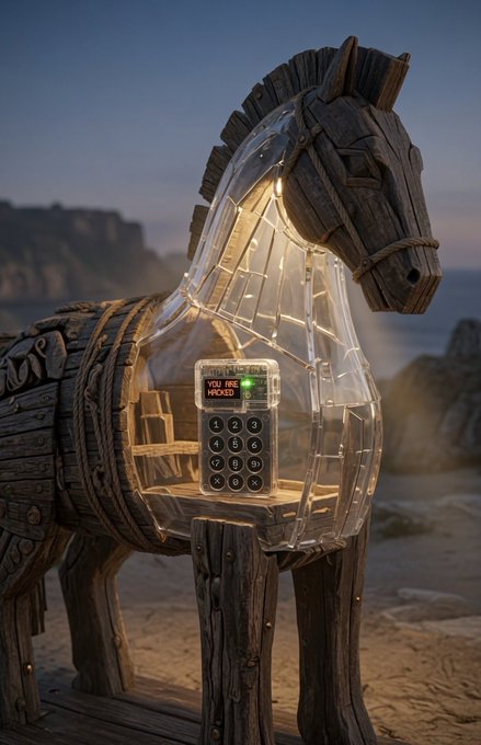 The image shows a Trojan horse made of weathered wood and translucent material, illuminated from within by string lights, with a small digital keypad device displaying the text "YOU ARE HACKED" placed inside its hollow body. The Trojan horse metaphor cleverly reinforces the post's message about self-custody being the gold standard, suggesting that leaving assets in others' control (like trusting a digital system) risks being "hacked," while true security comes from holding your own keys.