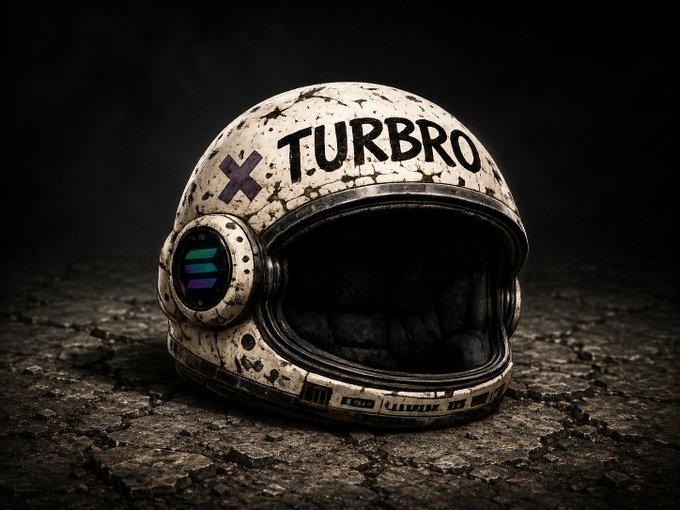A weathered, post-apocalyptic style astronaut helmet with 'TURBRO' written across the front, an X mark, and colored stripes on the side, resting on cracked earth against a dark background.