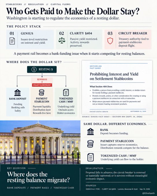 An infographic titled 'Who Gets Paid to Make the Dollar Stay?' explaining U.S. stablecoin regulation, highlighting Section 404's prohibition on interest and yield for settlement stablecoins, with a 'Policy Stack' featuring GENIUS, CLARITY §404, and a Circuit Breaker.