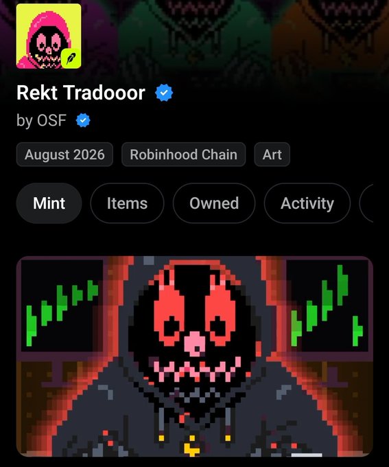 A digital NFT collection page for 'Rekt Tradooor by OSF,' featuring a pixel art skull character wearing a hoodie, displayed on the Robinhood Chain.