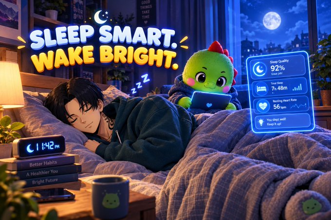 An illustration of a person sleeping in bed with a green dinosaur character beside them, accompanied by the text 'SLEEP SMART. WAKE BRIGHT.' and a sleep tracking interface showing a 92% sleep quality score.