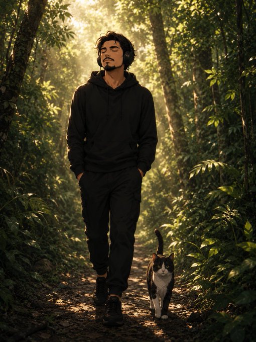 A man with long dark hair, a mustache, and headphones stands with eyes closed and hands in his pockets, wearing a black hoodie and black pants. A black and white cat walks beside him on a sunlit forest path.