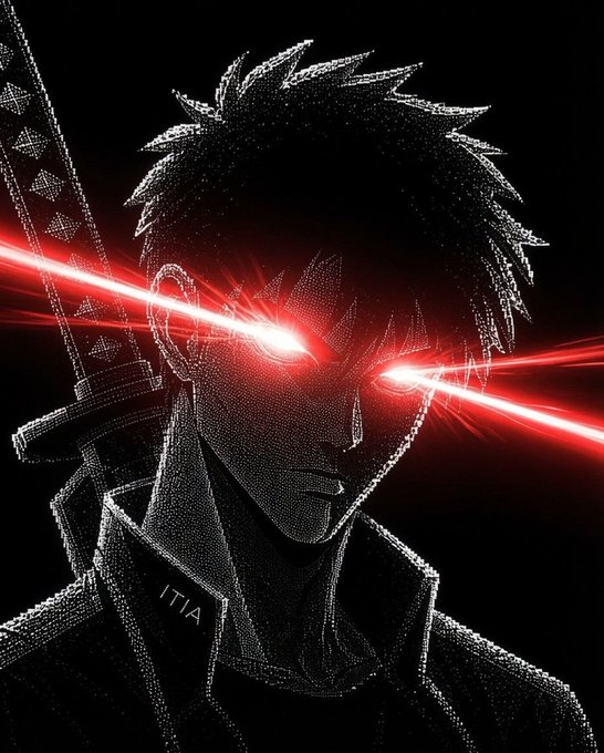 A dark, pixel-art style portrait of a spiky-haired character with glowing red eyes piercing through the shadows, a katana slung over his shoulder, with the partial text "ITIA" visible on his collar—evoking a stealthy, dominant alpha aura that matches the "I Think It's ALPHA" caption.