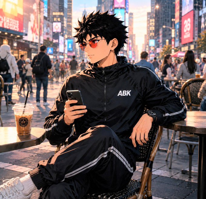 An anime-style illustration of a young man wearing red sunglasses and a black tracksuit with 'ABK' written on the chest, sitting at a café table with an iced drink.