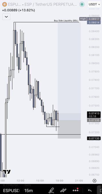 The image shows a 15-minute candlestick chart of ESPU/USD (TetherUS Perpetual) trading at 0.07413, with a highlighted "Buy Side Liquidity (BSL)" zone near the recent high of 0.08514. The chart visualizes the trader's intraday long setup, marking key levels including the entry area around 0.07135 (stop) and the upward targets at 0.07760 and 0.08520 toward the liquidity pool.