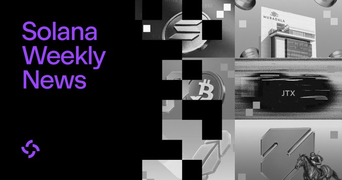 The image is a thumbnail for "Solana Weekly News" featuring a stylized graphic with cryptocurrency imagery, including a Bitcoin coin, a Solana logo, and building imagery labeled "MUBADALA" alongside a "JTX" logo. It visually represents the week's top Solana ecosystem stories, with the JTX branding directly tying to the lead story about Jito's new professional-grade trading venue.