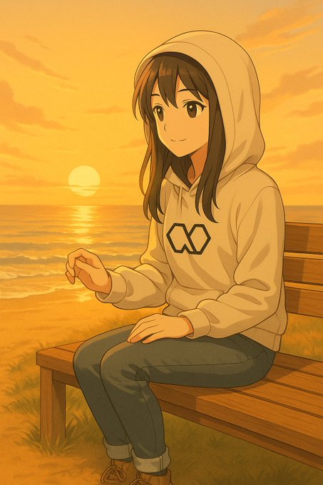 An anime-style girl in a beige hoodie sits on a wooden bench at sunset, overlooking the ocean, with an infinity-style logo on her chest. The serene, contemplative scene reflects the post's message about moving away from quantity-driven engagement toward meaningful, thoughtful communication.