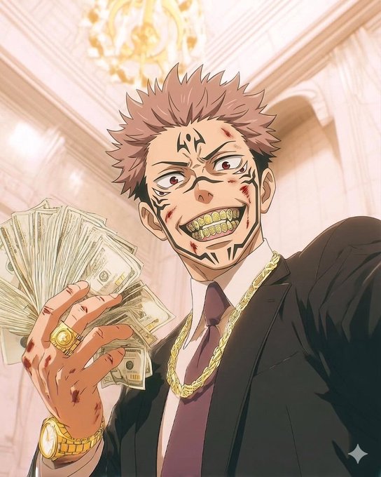 An anime character with spiky brown hair, facial tattoos, and gold teeth grins while holding a fan of cash and wearing a gold chain and watch.
