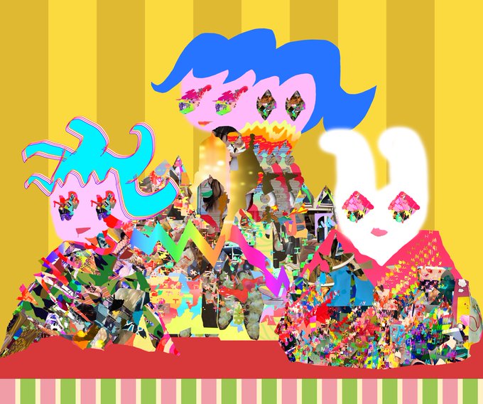 A colorful abstract pop-art style digital collage featuring three characters with expressive hair and eyes against a yellow background with a pink border.