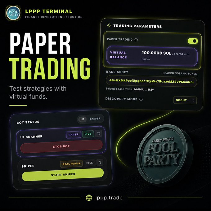 A promotional graphic for 'LPPP TERMINAL' highlights a 'PAPER TRADING' feature, displaying trading parameters like a 100.0000 SOL virtual balance and base asset settings, with the website 'lppp.trade' at the bottom.