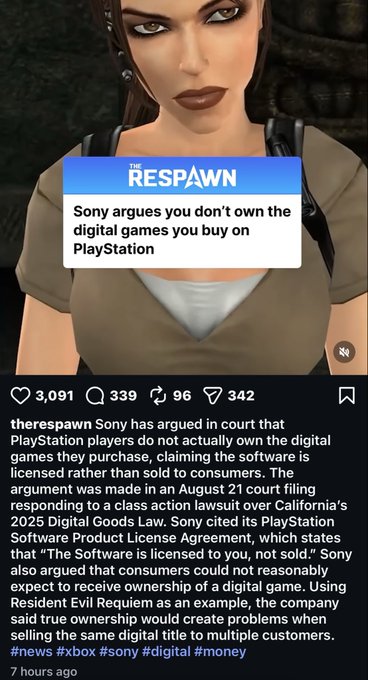 A social media post from 'The Respawn' overlaid on an image of Lara Croft, with the headline 'Sony argues you don't own the digital games you buy on PlayStation' and accompanying article text.