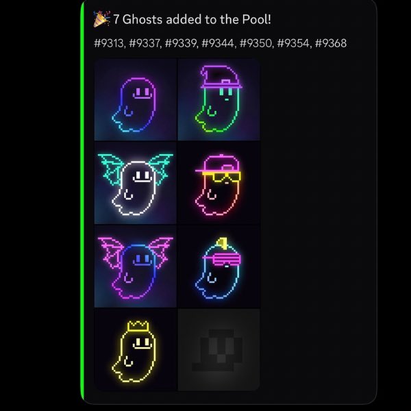 A digital notification displaying '🎉 7 Ghosts added to the Pool!' followed by item numbers, showing a grid of seven colorful, neon-outlined pixel-art ghost characters.