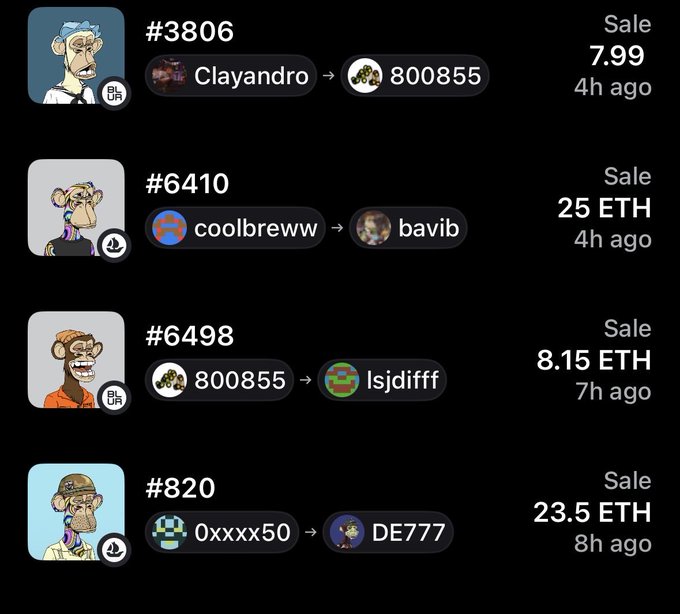 A screenshot of NFT sale transactions showing items #3806, #6410, #6498, and #820 with their respective prices in ETH and transaction times.