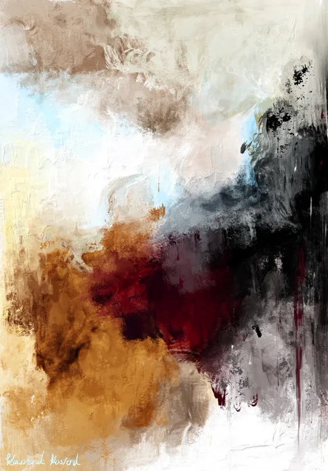 An abstract mixed-media painting with textured brushstrokes in earthy tones of brown, rust, cream, white, and gray with hints of blue, signed 'Kamsat Mood' in the bottom left corner.