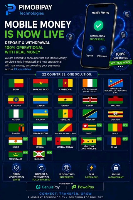 The image is a promotional graphic from PIMOBIPAY Technologies announcing that its Mobile Money service is now live, highlighting 100% operational status with real money across 22 African countries (including Benin, Kenya, Nigeria, Ghana, and Burundi), powered by GenuisPay and PawaPay, which ties into the post's announcement of the Mainnet Beta launch and open real-money deposit testing for the Pi Network ecosystem.